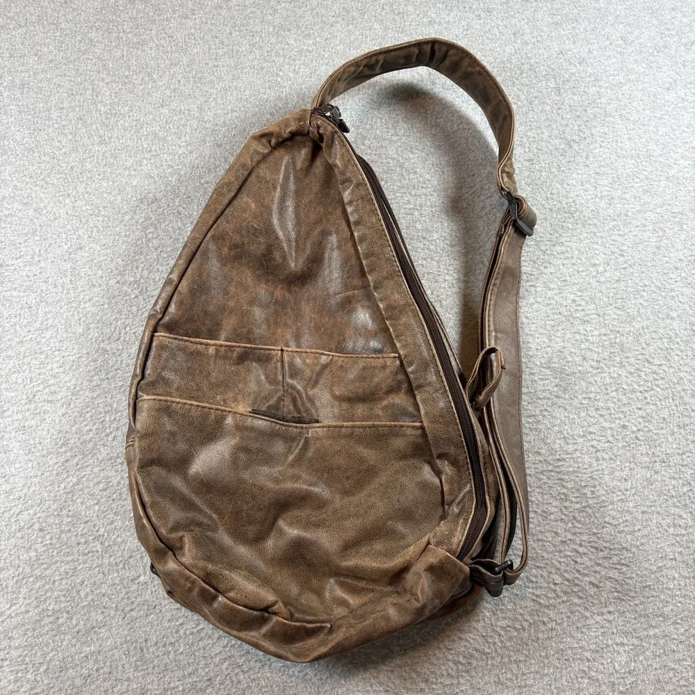 VTG Ace Leather Goods USA Brown Distressed Leather Teardrop Sling Backpack Bag